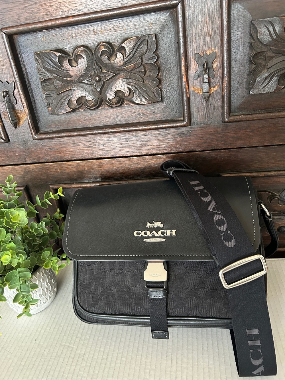 Coach Black Signature Messenger Bag with Branded Strap